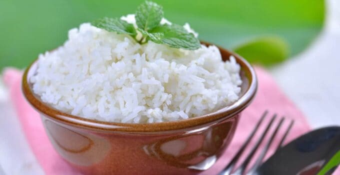 cooked white rice garnished with mint in a ceramic 2021 09 03 19 06 22 utc