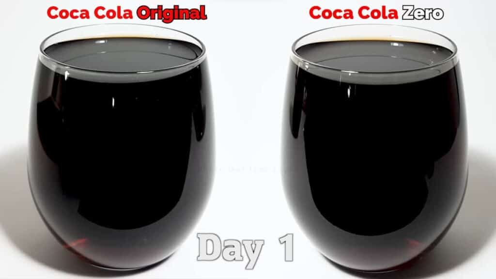 confronto di decomposizione tra una Coca-Cola tradizionale e di una Coca-Cola Zero nel corso di 100 giorni